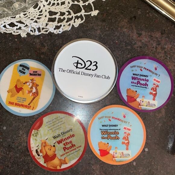 Disney D23 Exclusive Winnie the Pooh set of 4 coasters and storage tin - Picture 1 of 7